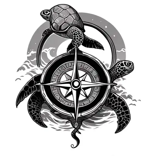 Pirate Compass And Turtle In Waves