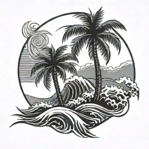 Palm Tree Front Of A Sun And Waves Crashing In The Background