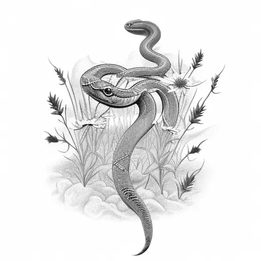 A Black-grey Tattoo Of A Snake Slithering Through A Field Of Wildflowers