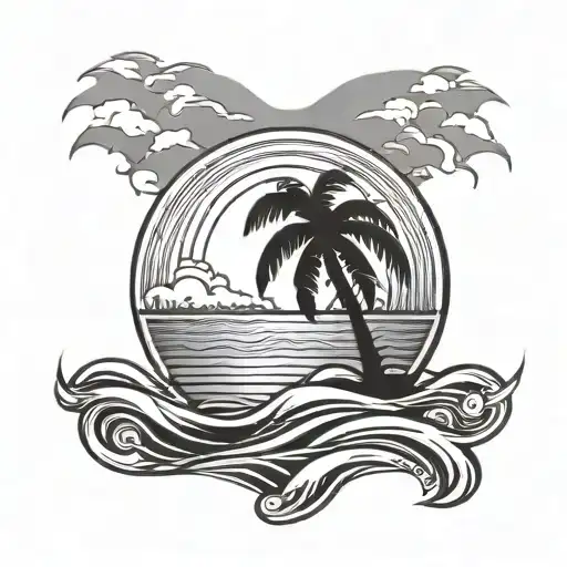 Beach With A Palm Tree Front Of Sunset And Waves Forming