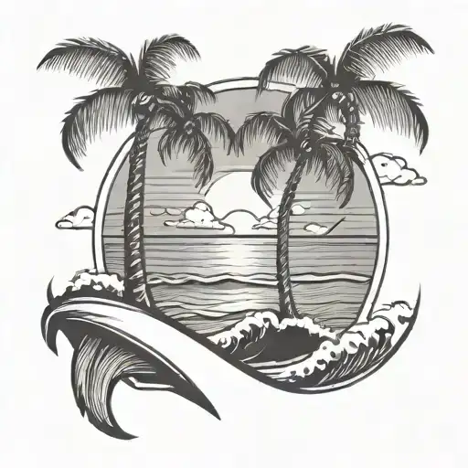 Beach With A Palm Tree Front Of Sunset And Waves Forming At Background