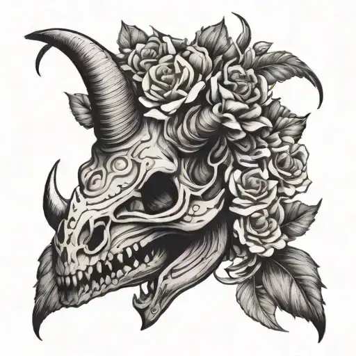 Sinoceratops Skull And Flowers Intertwined