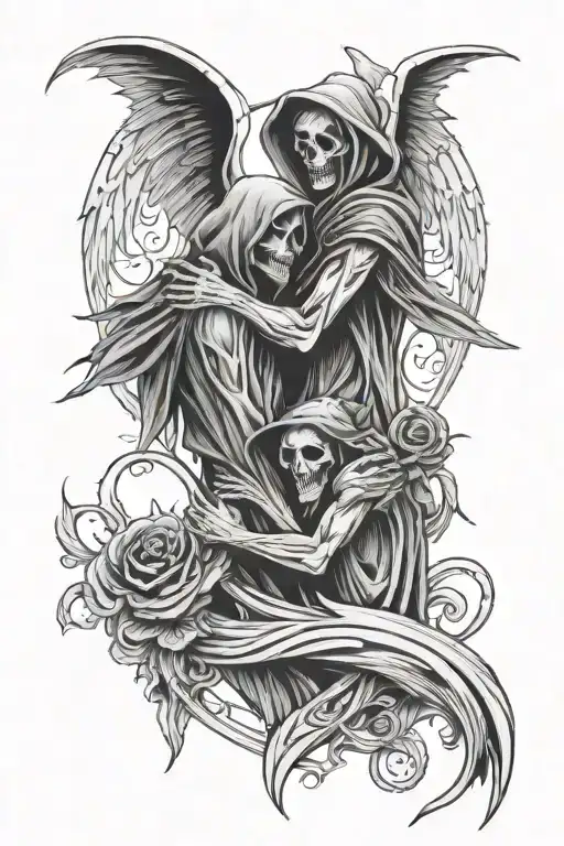 Grim Reaper And Angel Hugging And Making A Heart Shape