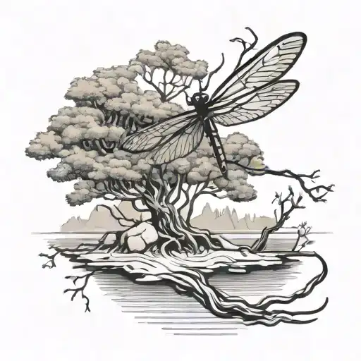 Dragonfly Minimal Line Art Capricorn Symbol Tree With Roots On An Island Floating Adam