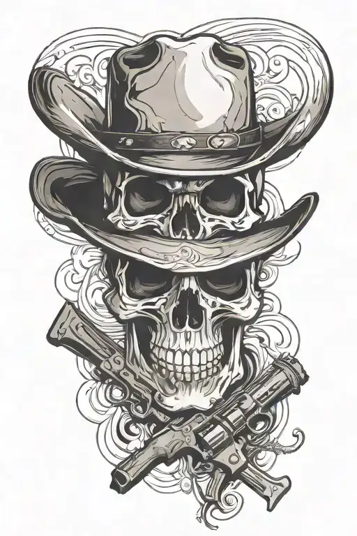 Skull Wearing Cowboy Hat With Pistols Crossed In From Shadded Background