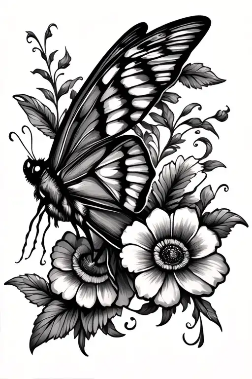 Moth Tattoo With Flower Pattern On Wings