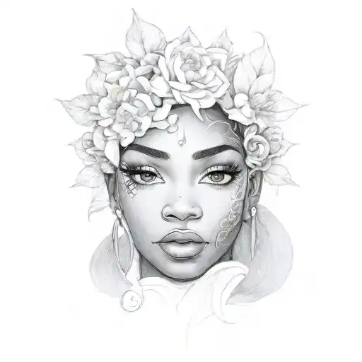 Portrait Of A Black Girl With A Crown Adorned With Zodiac Symbols And Flowers