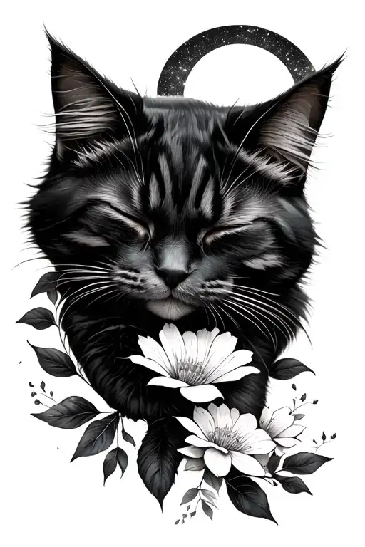 Floral Leaves Fluffy Black Sleeping Cat Celestial