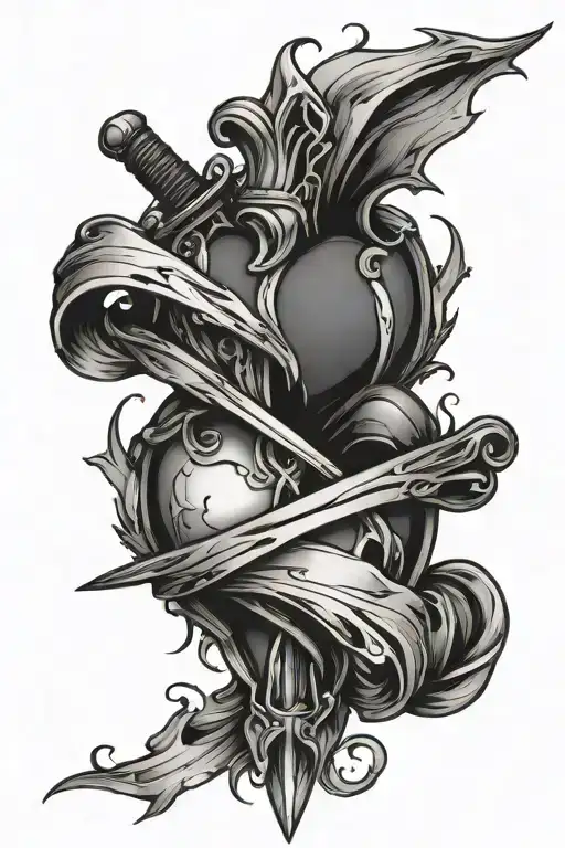 Heart With Dagger Piercing Wrapped With Ribbons Spread Across