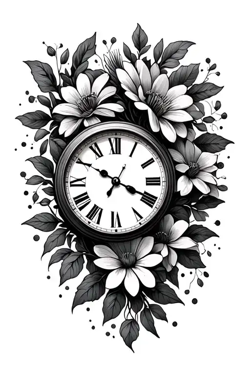 Clock And Flowers Growing