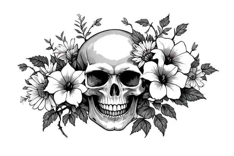 Skull With Morning Glory Vine And Aster Flower Blooming