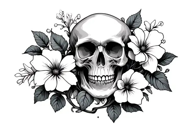 Skull With Morning Glory Vine And Aster Flower Blooming
