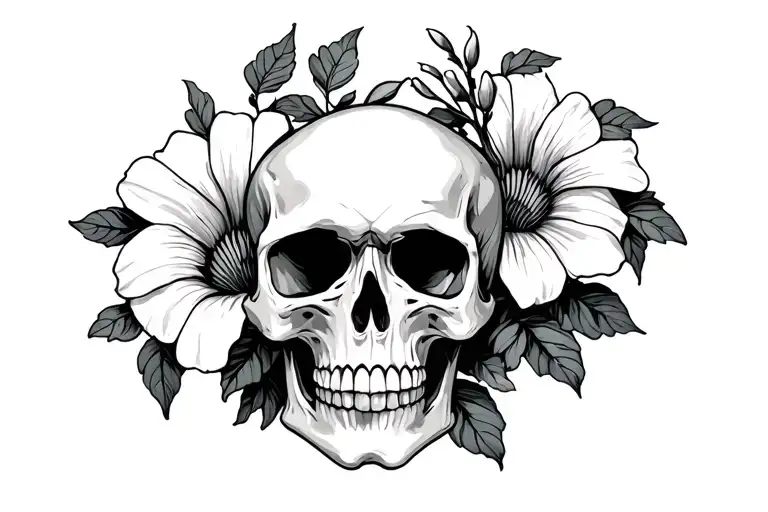 Skull With Morning Glory Vine And Aster Flower Blooming