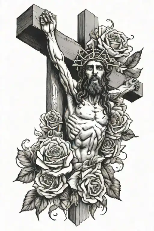 Jesus On The Cross In Black Ink With Roses On The Cross