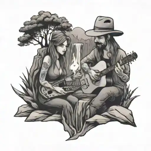 A Couple Playing Guitar And Smoking Around A Campfire Next To A Waterfall
