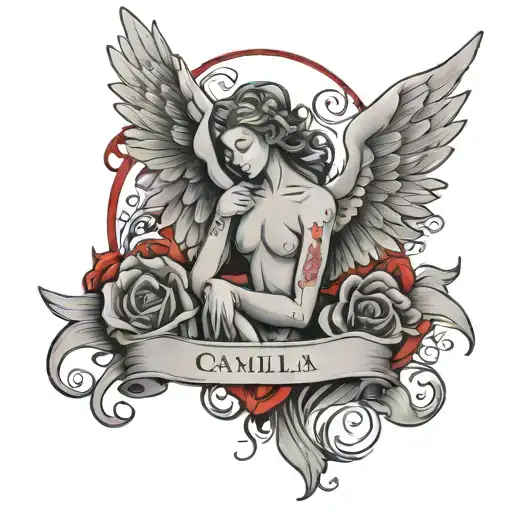 The Name Camilia In Red With Angel Birds Around It
