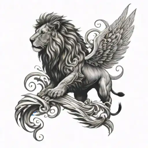 Lion And Ocean Waves With Big Wings