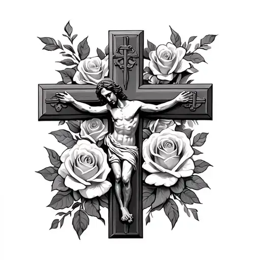 Christan Cross With Roses And Jesus Christ Cross Combined