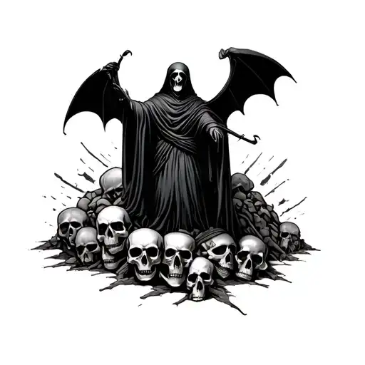 Grim Reaper Standing On A Pile Of Skulls Surrounded