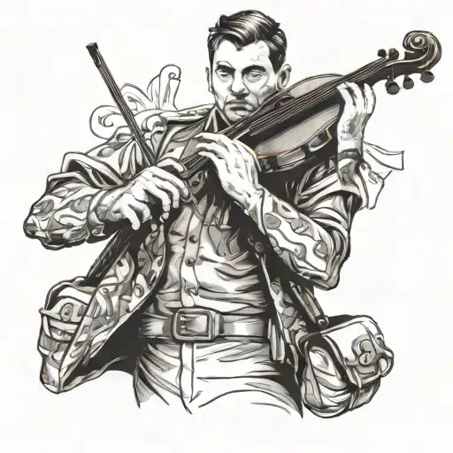 A Military Man With A Violin In His Hands And A Purse On His Shoulder