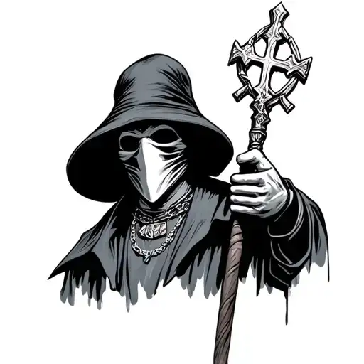Plague Doctor Wearing Cross Necklace Holding Staff Of Cadecses