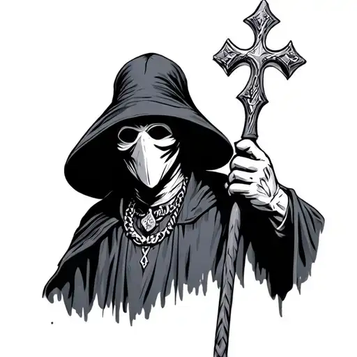 Plague Doctor Wearing Cross Necklace Holding Staff Of Cadecses
