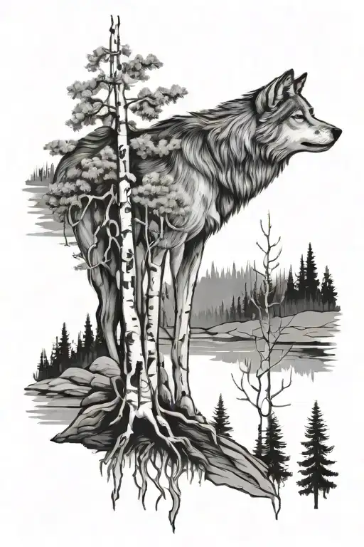 Birch Tree And Wolf Howling