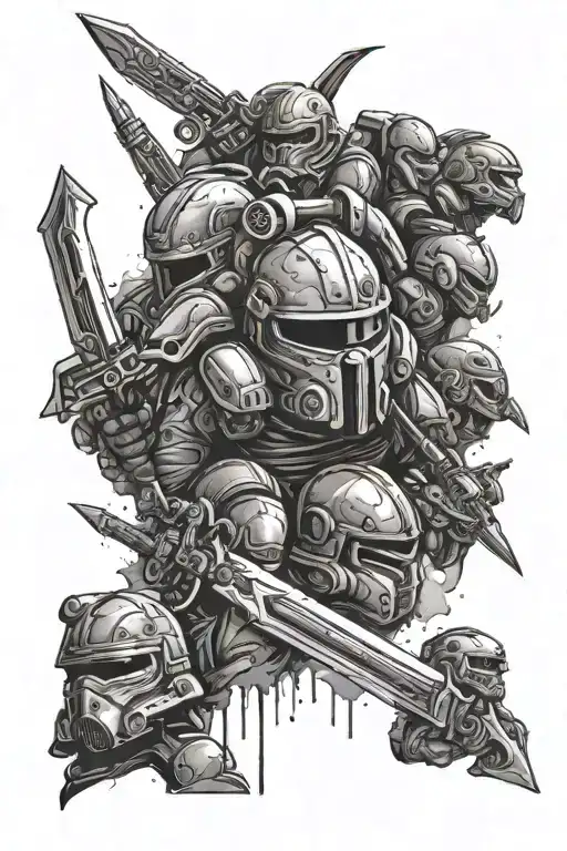 A Sword Going Through Various Helmets Of Space Marines And Halo Characters
