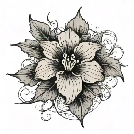 A Black And Grey Tattoo Of A Violet Flower Blooming In A Railroad Landscape