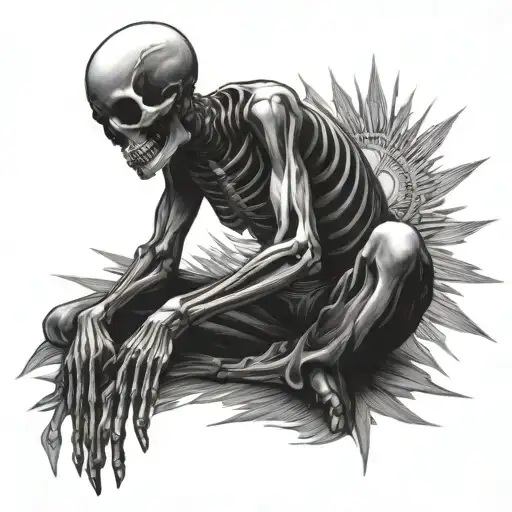 Meditating Skeleton Sitting Cross Legged Sun Rays Breaking