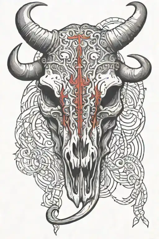 Bull Skull Very Detailed With Red Markings And Bar Wire Around The Horns