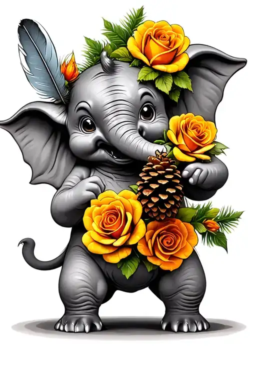Dumbo Holding A Feather With Pinecone And Yellow Orange Roses