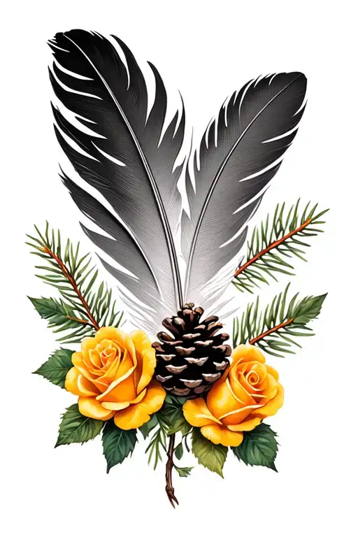 Feather With Pinecone And Yellow Orange Roses