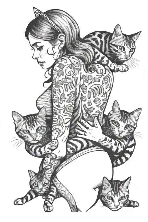 A Woman Holding A Cat While Surrended 5 Cats