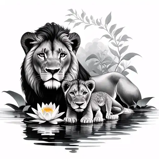 Female Lion With 2 Cubs And Water Lillies