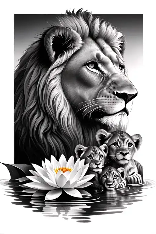 Female Lion With 2 Cubs And Water Lillies