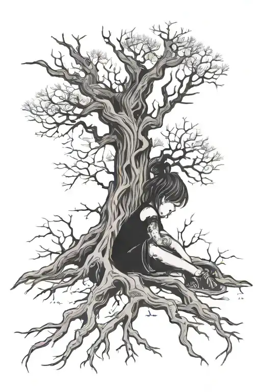 Little Girl And Dead Tree Roots