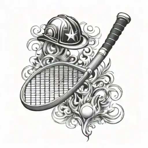 Create A Black And Grey Tattoo Of A Tennis Racket Morphing Into A Firefighter's Axe