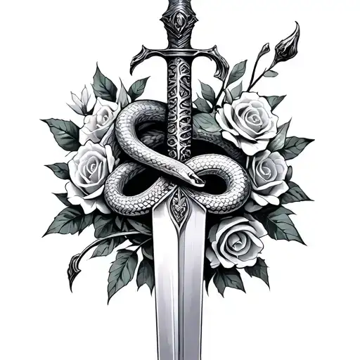 A Sword With A Snake Wrapping And Roses Blooming Around