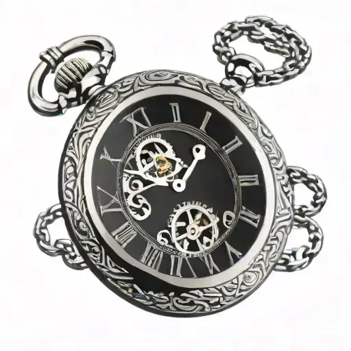 Pocket Watch In Roman Numerals With Chain Behind It