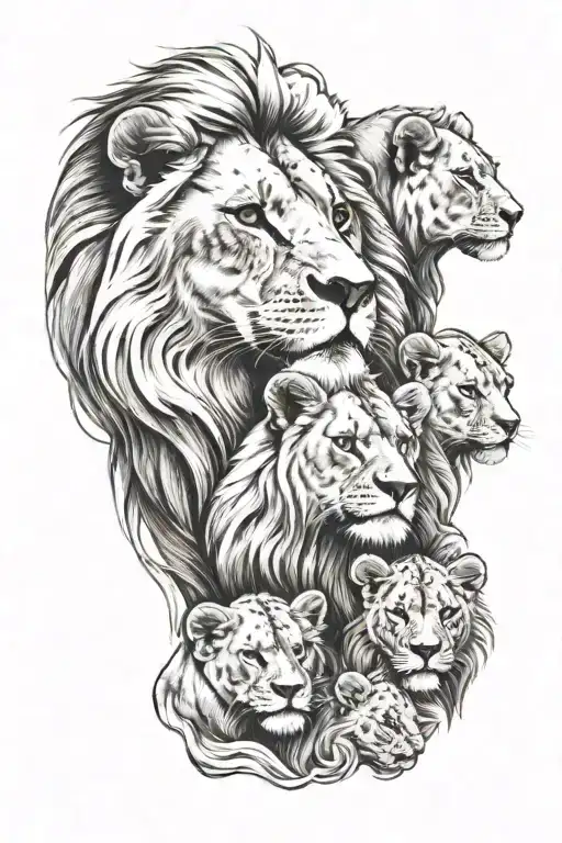 Male Lion And Four Cubs