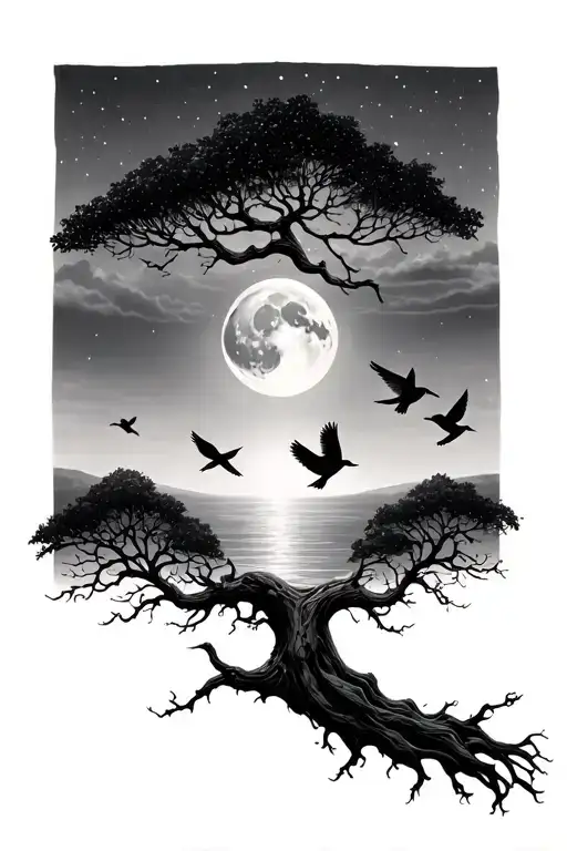 Eternity Tree With Birds And Moon