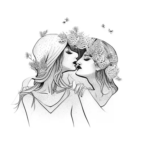 An Abstract Line Art Tattoo Of Two Women Kissing And Wrapped By Lavender Flowers