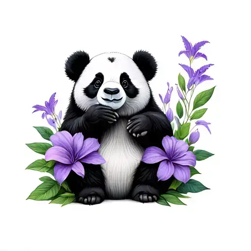 Panda And Violet Flowers