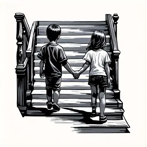 Little Boy And Girl Holding Hands Back View On Stairs Realicstic