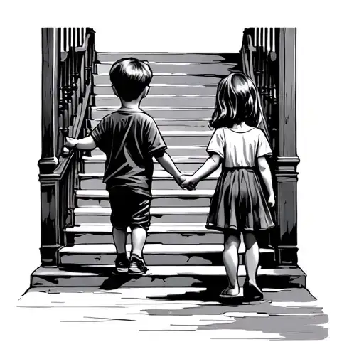 Little Boy And Girl Holding Hands Back View On Stairs Realicstic
