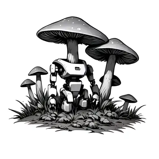 Forest Of Agricultural Mushrooms On One Of Which Is A Robot Bender From The Cartoon Futuram