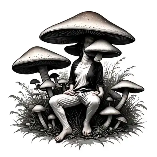 Forest Of Agricultural Mushrooms On One Of Which A Person Sits