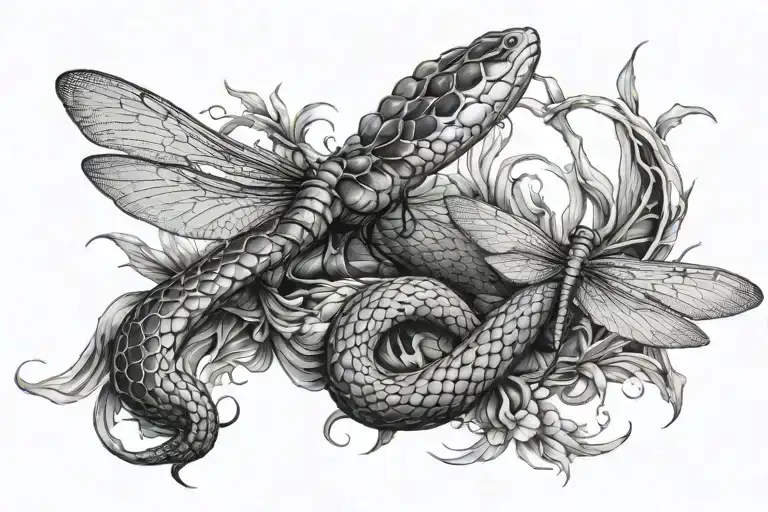 Snake And Dragonfly Perched