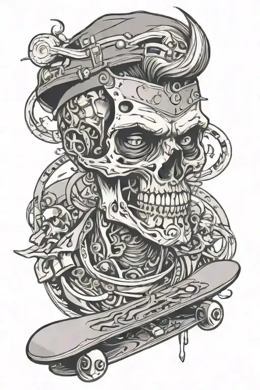 Broken Skateboard With Skull With Ear Gauges And Short Hair And Beard
